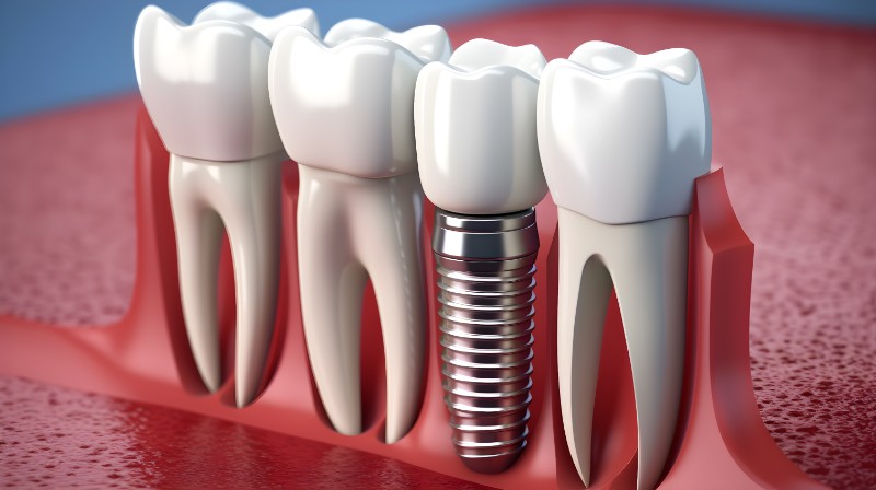 tooth implant with a titanium post that replaces the root of the missing tooth